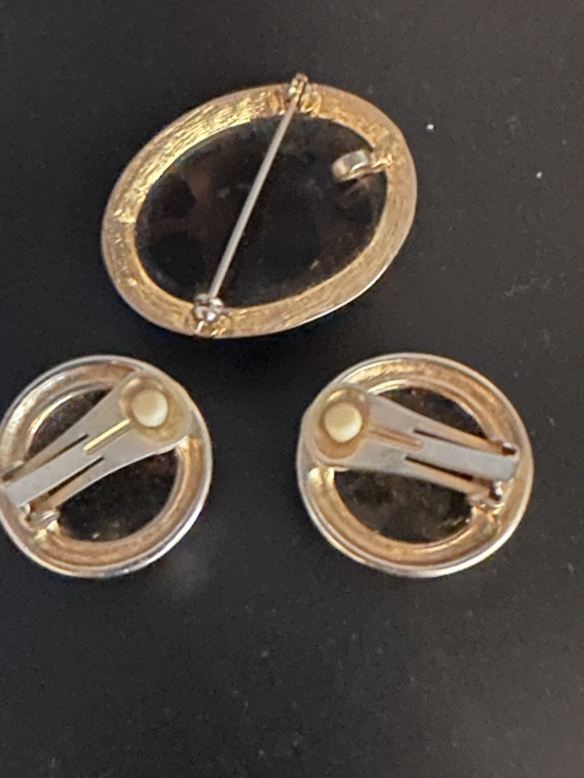MJ Lent Vintage Animal Print Oval Cabochon Brooch Pin & Clip-On Earrings Set