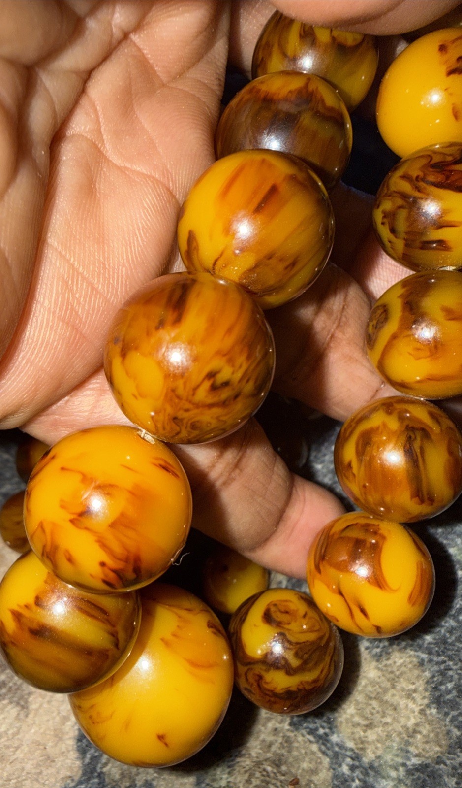 Bakelite Egg Yolk Amber Beaded Necklace Marbled Graduated Steel Cable