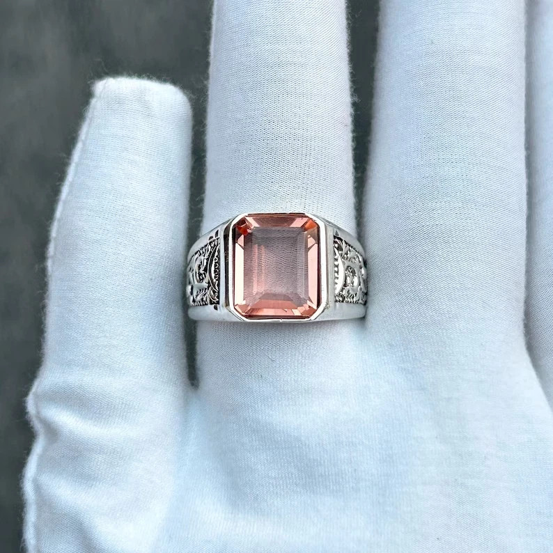 Men’s Morganite Ring 925 Sterling Silver Designer Statement Band Men’s Jewelry