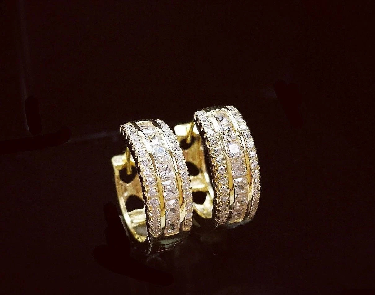 2Ct Princes & Round Cut Simulated Diamond Huggie Hoop Earrings 14K Gold Plated