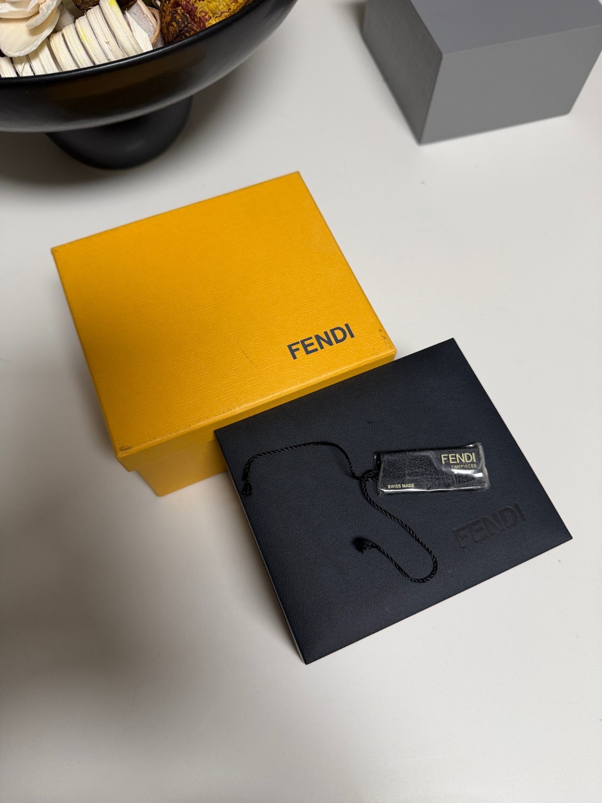 Fendi Jewelry Box Yellow/Black/Gray Velvet Lined Square 5x5x2.5 in