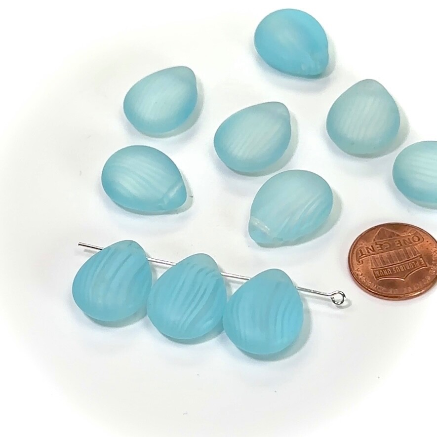Czech Druk Glass Beads, Teardrop Petal Top Hole Across 20x15mm Blue Stripe 10pcs