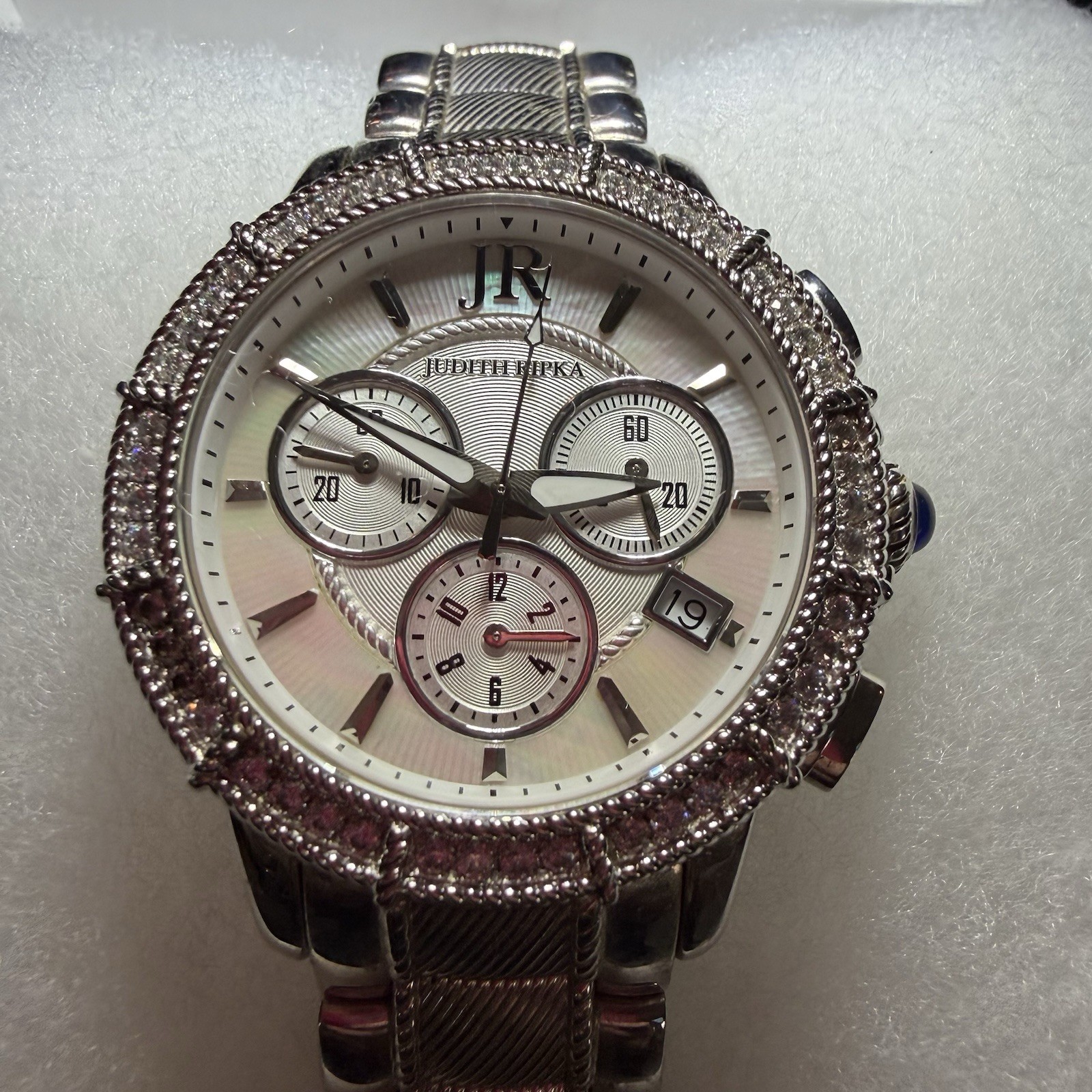 Judith Ripka stainless steel chronograph watch with Mother-of-Pearl dial
