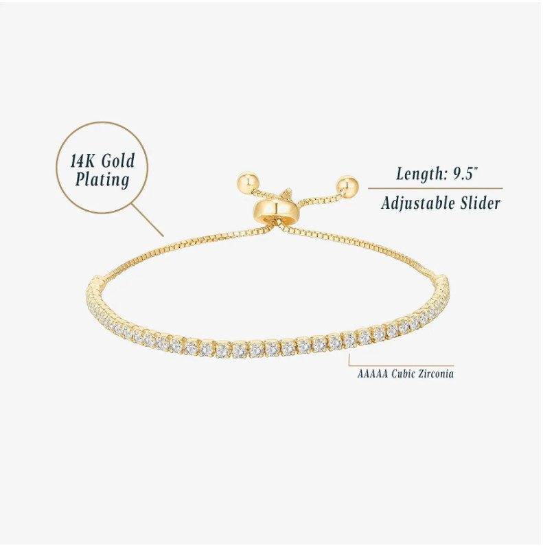 14K Gold Plated 3mm Round Cubic Zirconia Adjustable Slider Tennis Bracelet AC