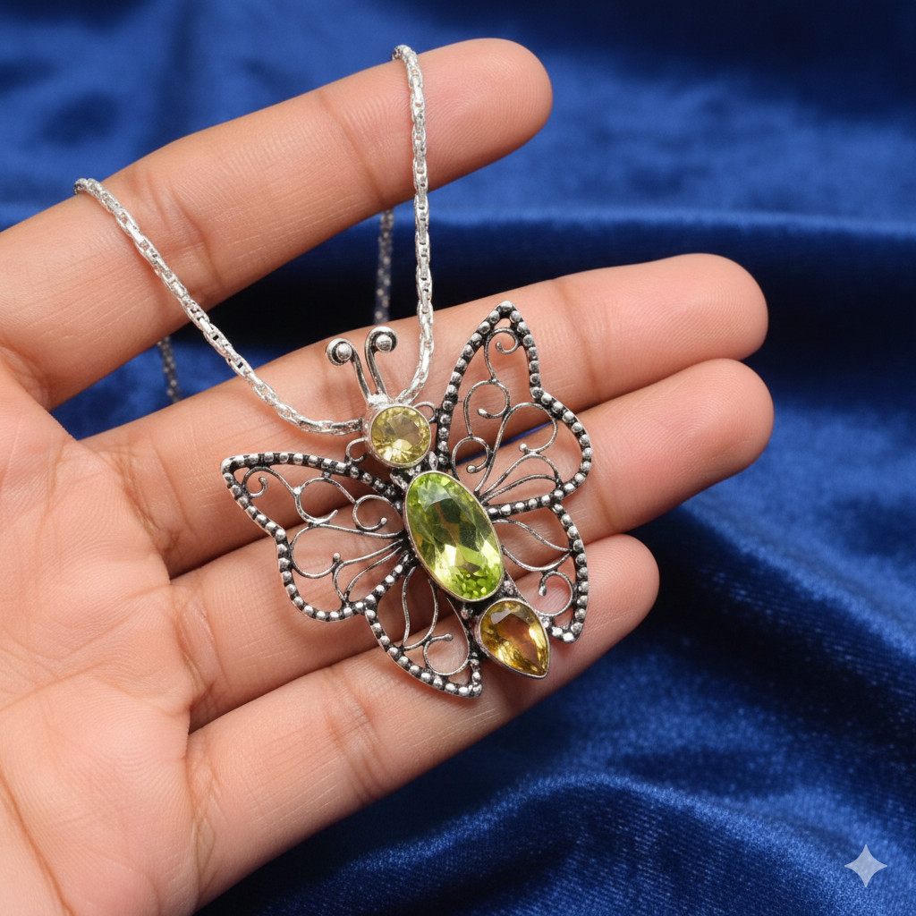 Peridot Citrine 925 Sterling Silver Butterfly Pendant Handmade Jewelry 1.8″