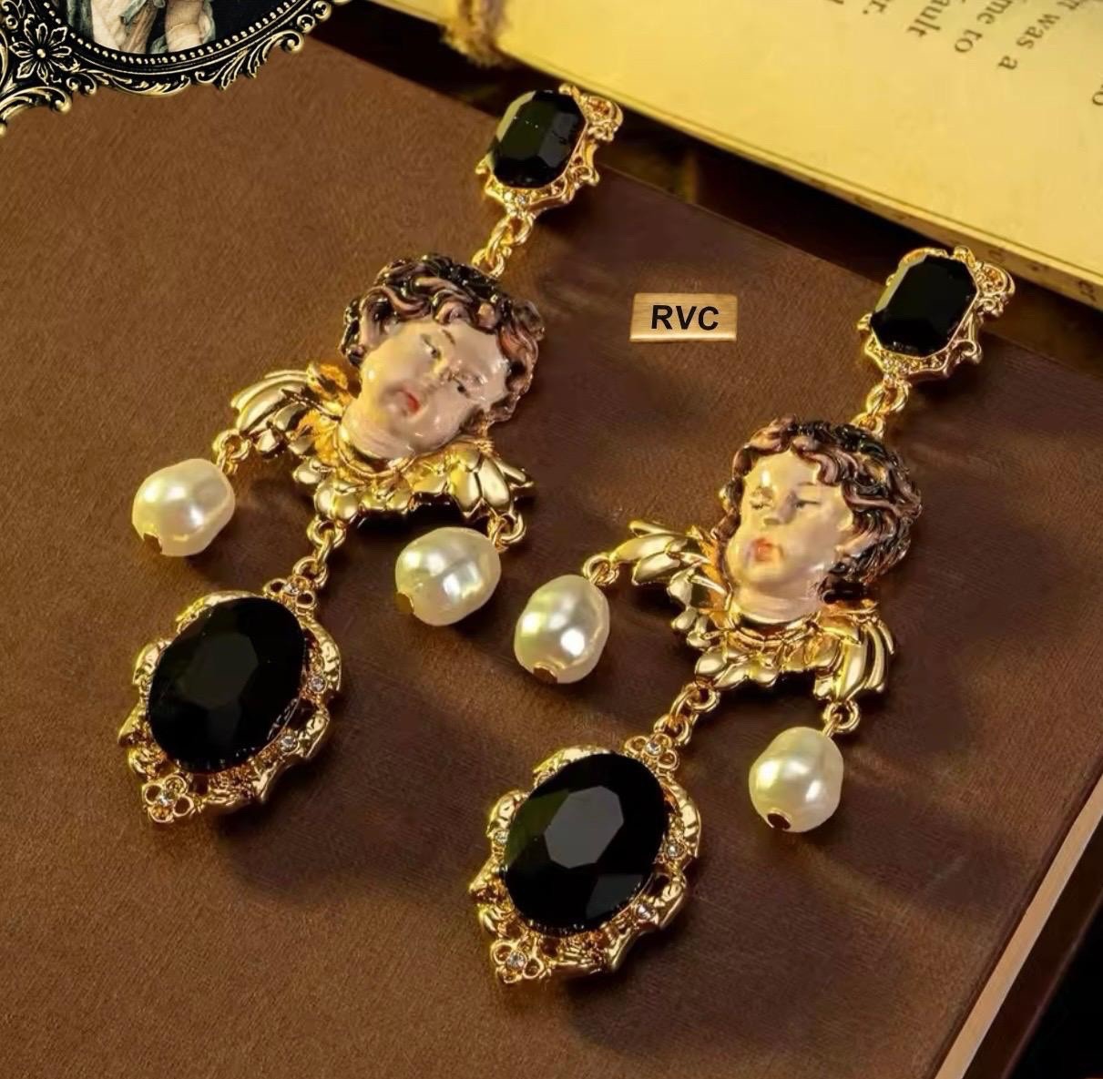 Victorian Style Vintage Revival 24k Gold Plated Gothic Medieval Pearl Earrings