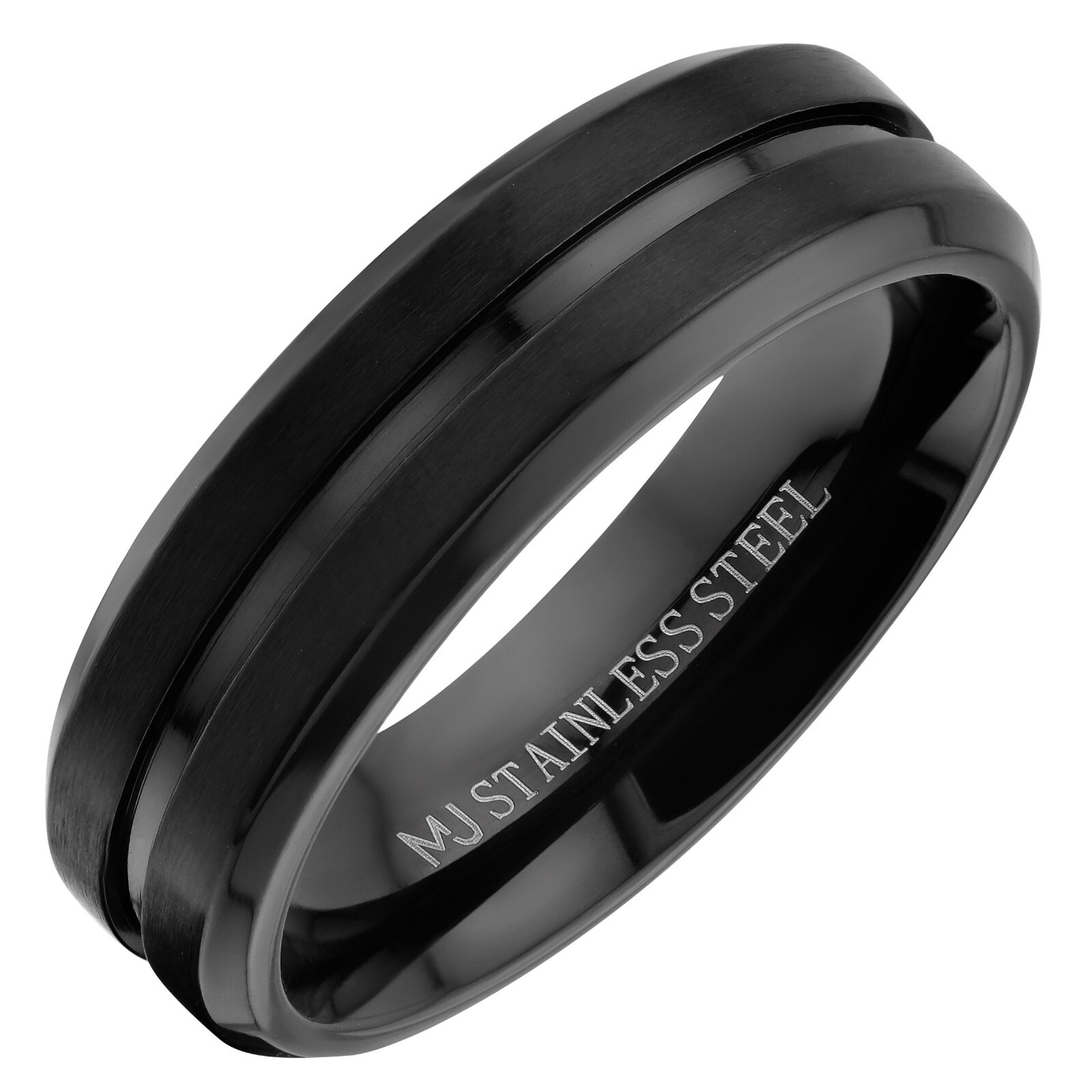 Black Plated Stainless Steel Brushed Beveled Edge or Center Groove 6 or 8mm Ring