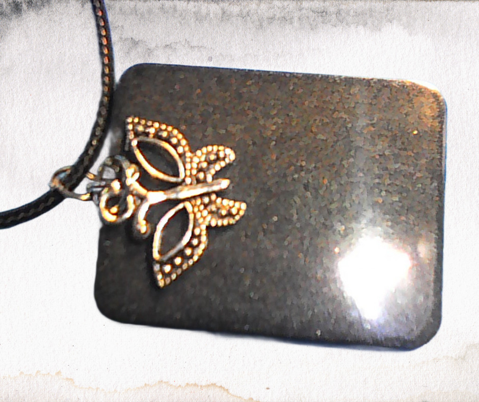 Handmade Square Butterfly Resin Pendant Necklace Silver Charm Black Cord 18″