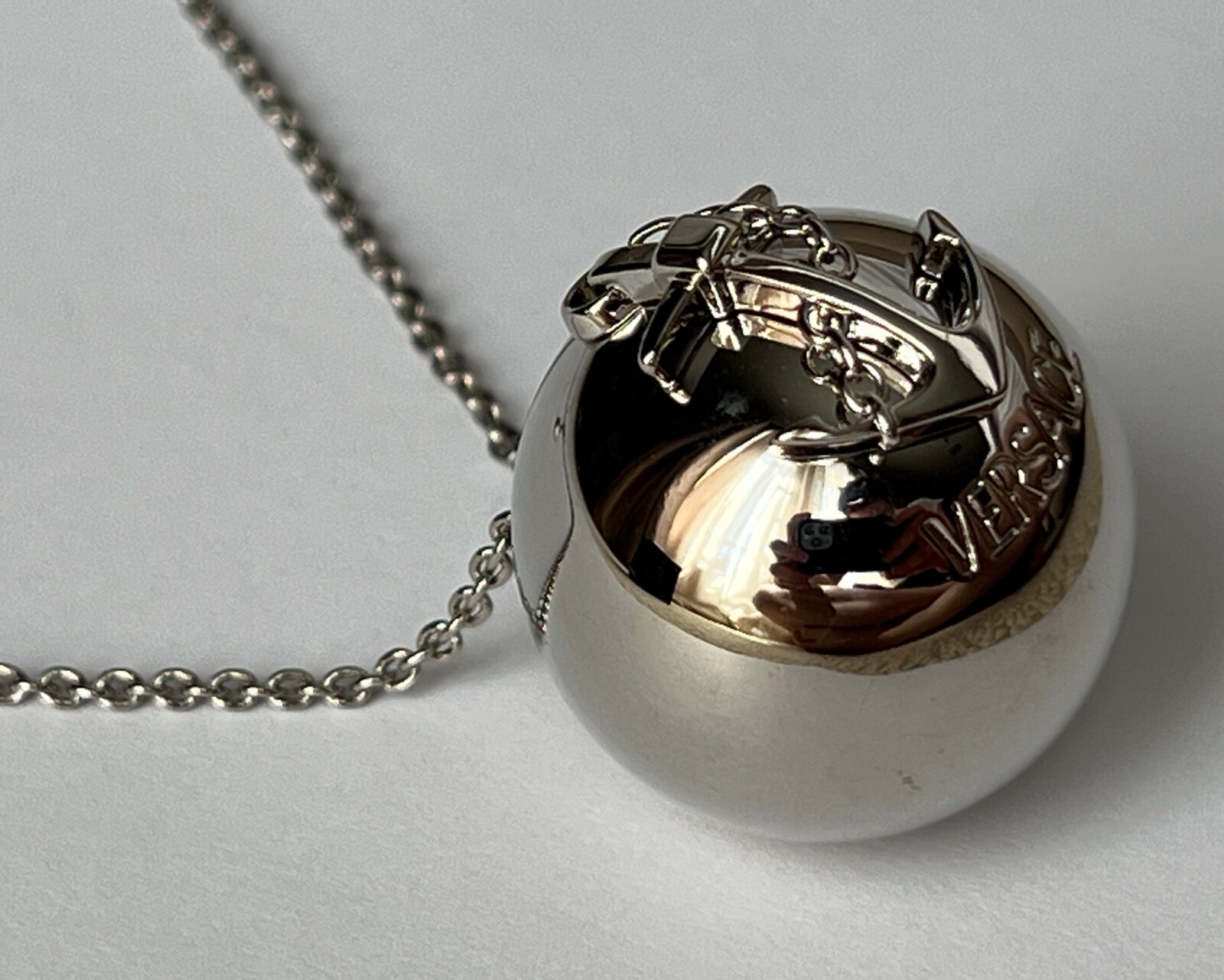 NIB Versace Nautical Anchor Logo Large Silver Sphere Round Pendant Necklace $975