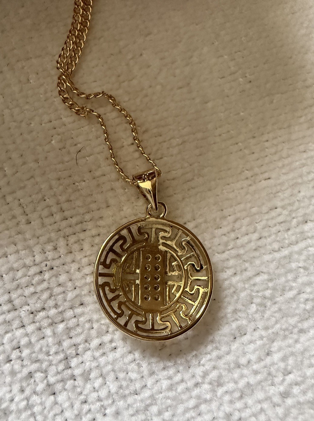 18” Greek Key Pendant Necklace; 18k Gold Filled with BZL GF stamped micro Cuban