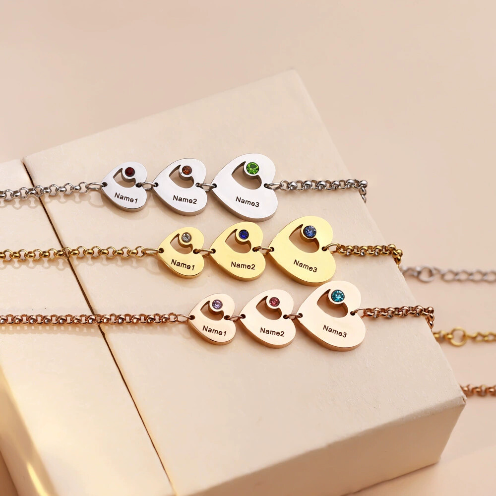 Personalized Stunning Heart Bracelet 1-6 Name Birthstone Jewelry Gift for Her