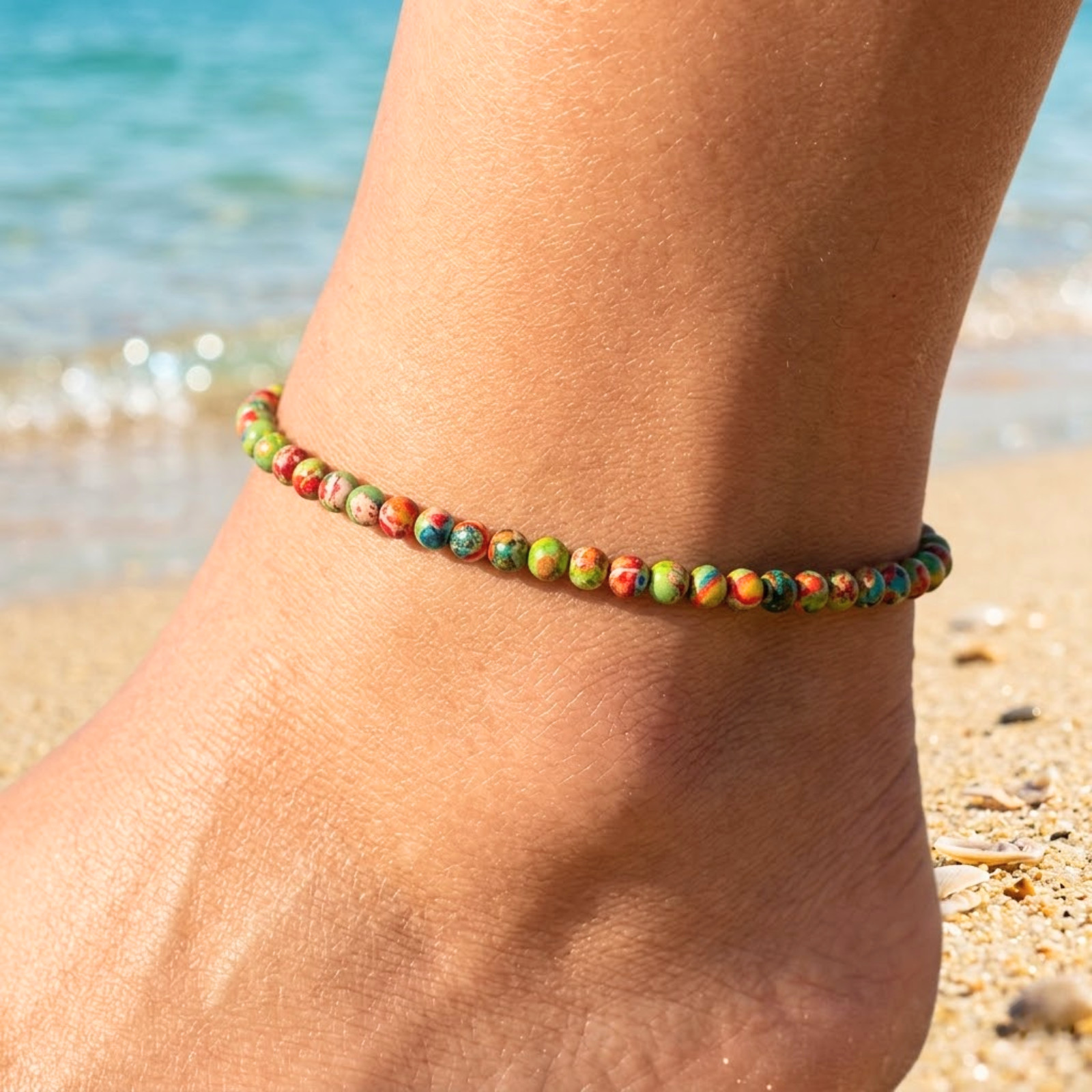 Floral Sea Sediment Jasper Anklet 4mm Natural Gemstone Boho Dainty Beads Gift