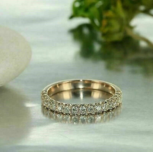 14K Yellow Gold Plated 2CT Round Cut Real Moissanite Eternity Wedding Band Ring