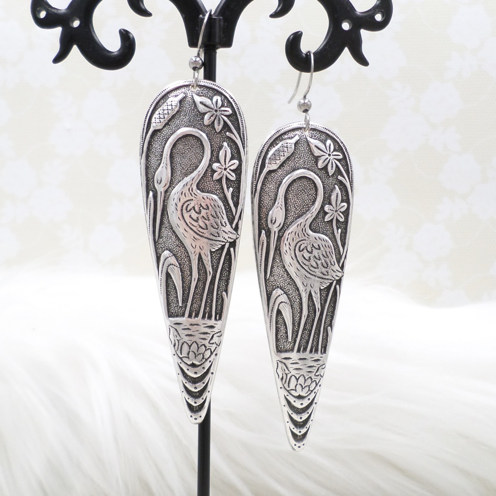 Antique Silver Plated Crane Statement Earrings, Heron Jewelry Gift For Women