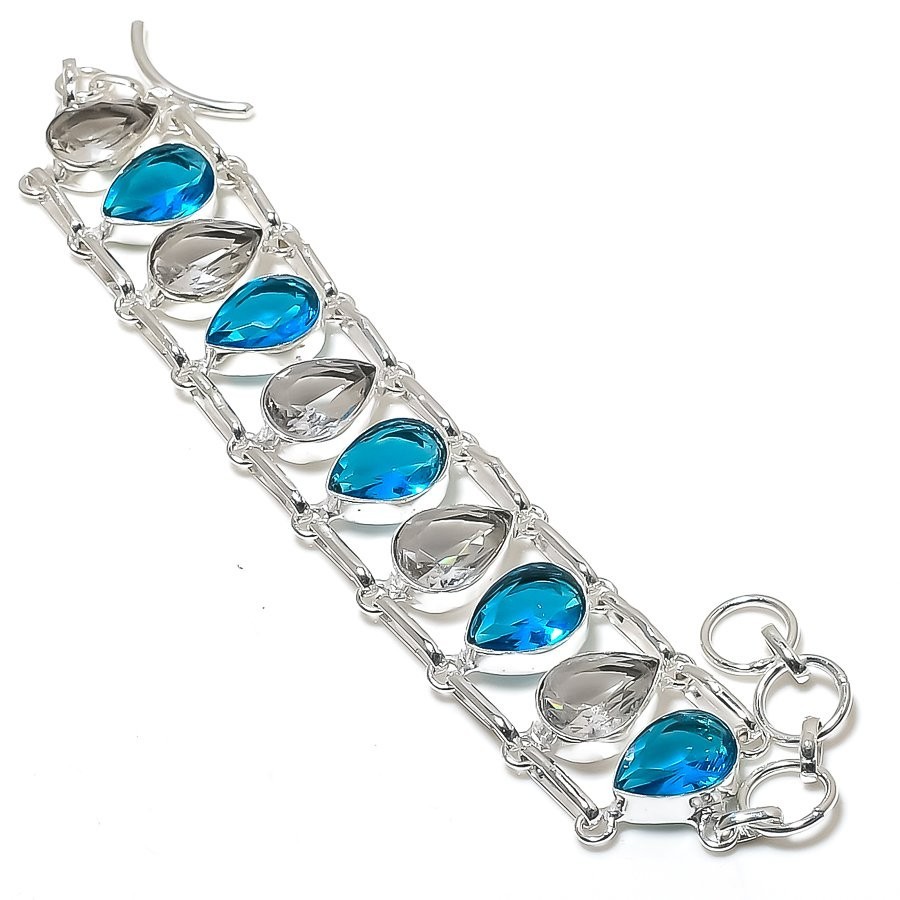 Swiss Blue,White Topaz Gemstone 925 Sterling Silver Jewelry Bracelet Size 7-8″