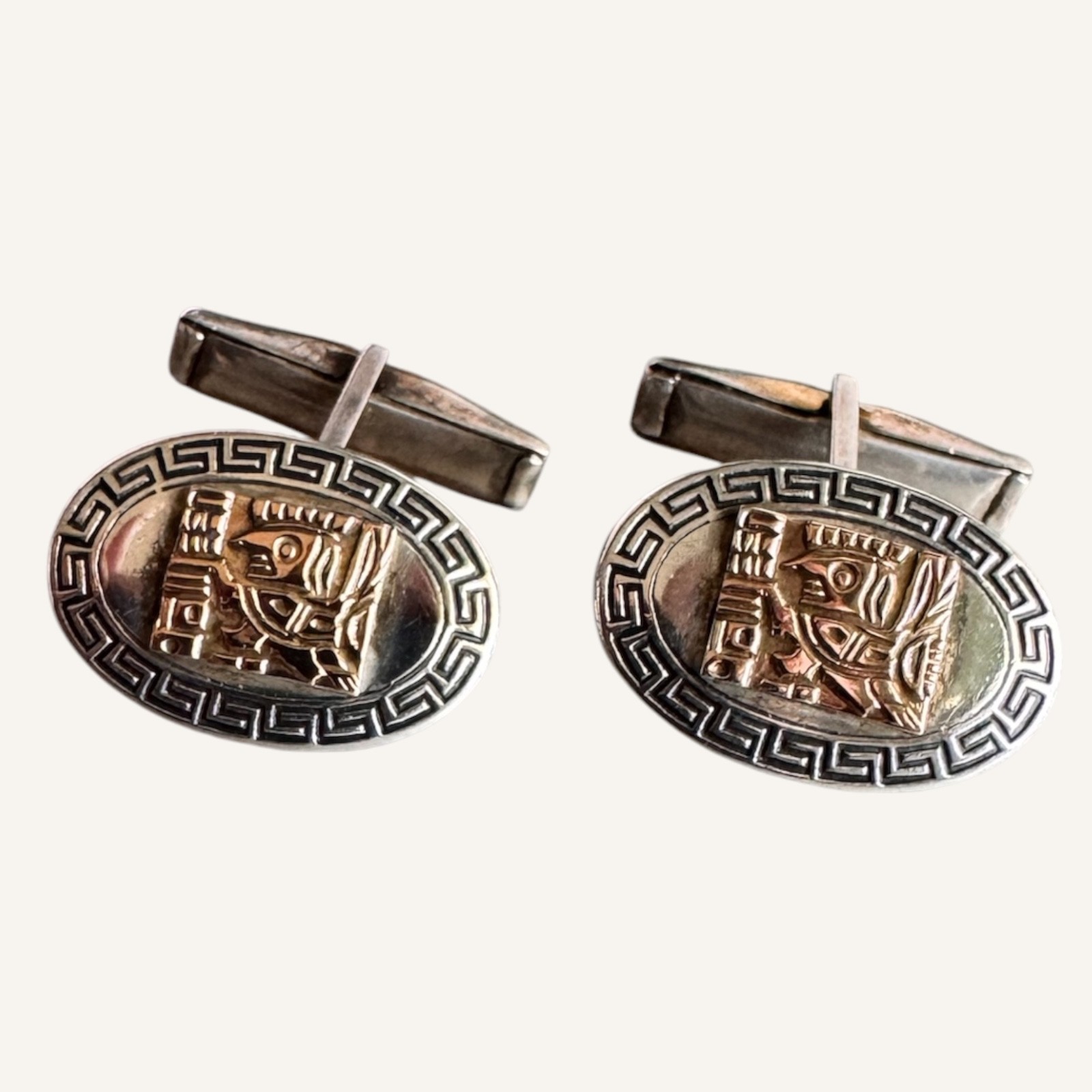 Vintage 18K Gold Sterling Silver 925 Aztec Greek Key Cufflinks 10.84g