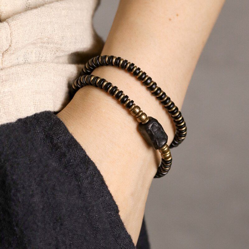 15-22cm Multi Layer Ebony Spacer Bracelet Black Wood Hand Carved Fashion Jewelry