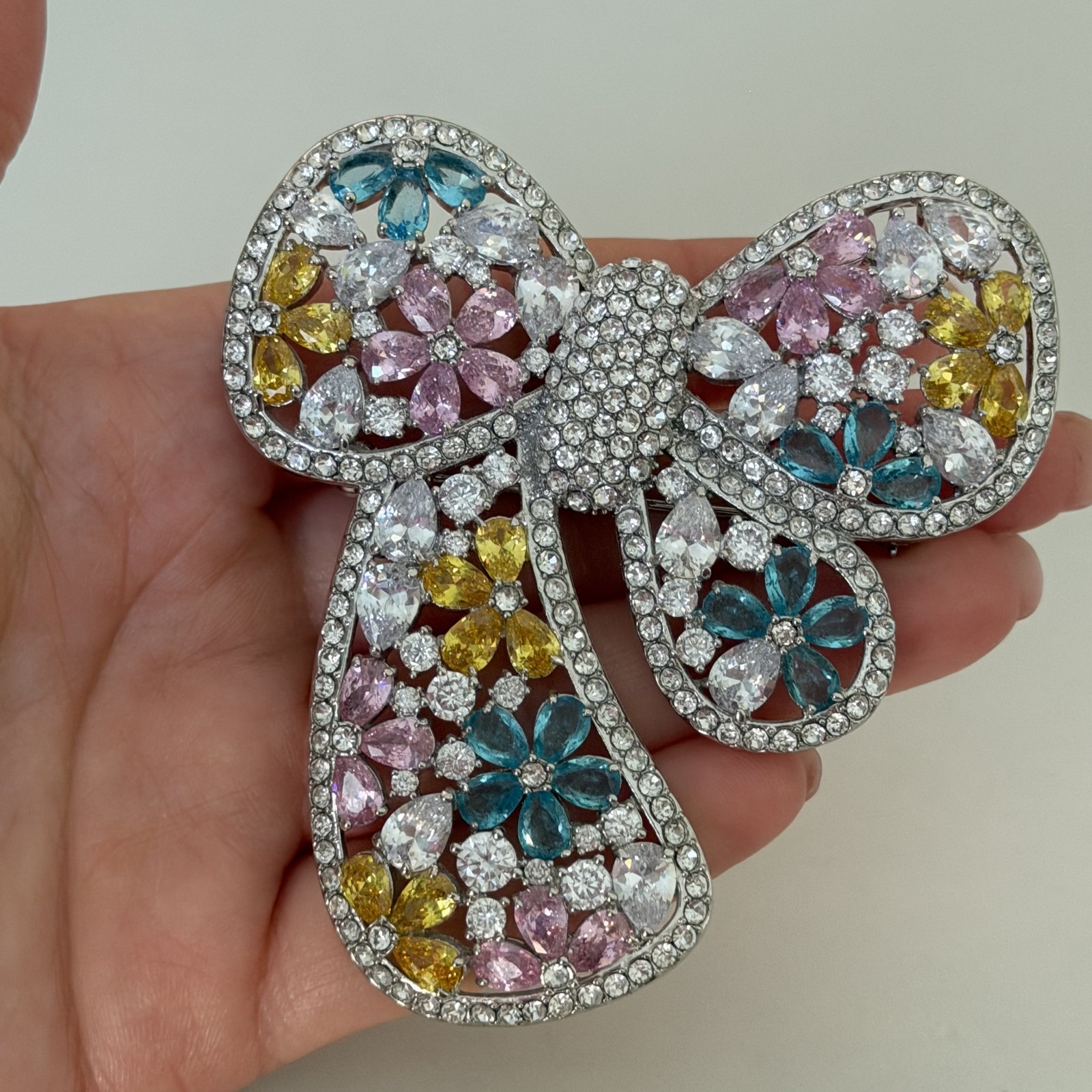 Joan Boyce Huge Multicolor Crystal Bow Ribbon Spring Flower Statement Brooch Pin
