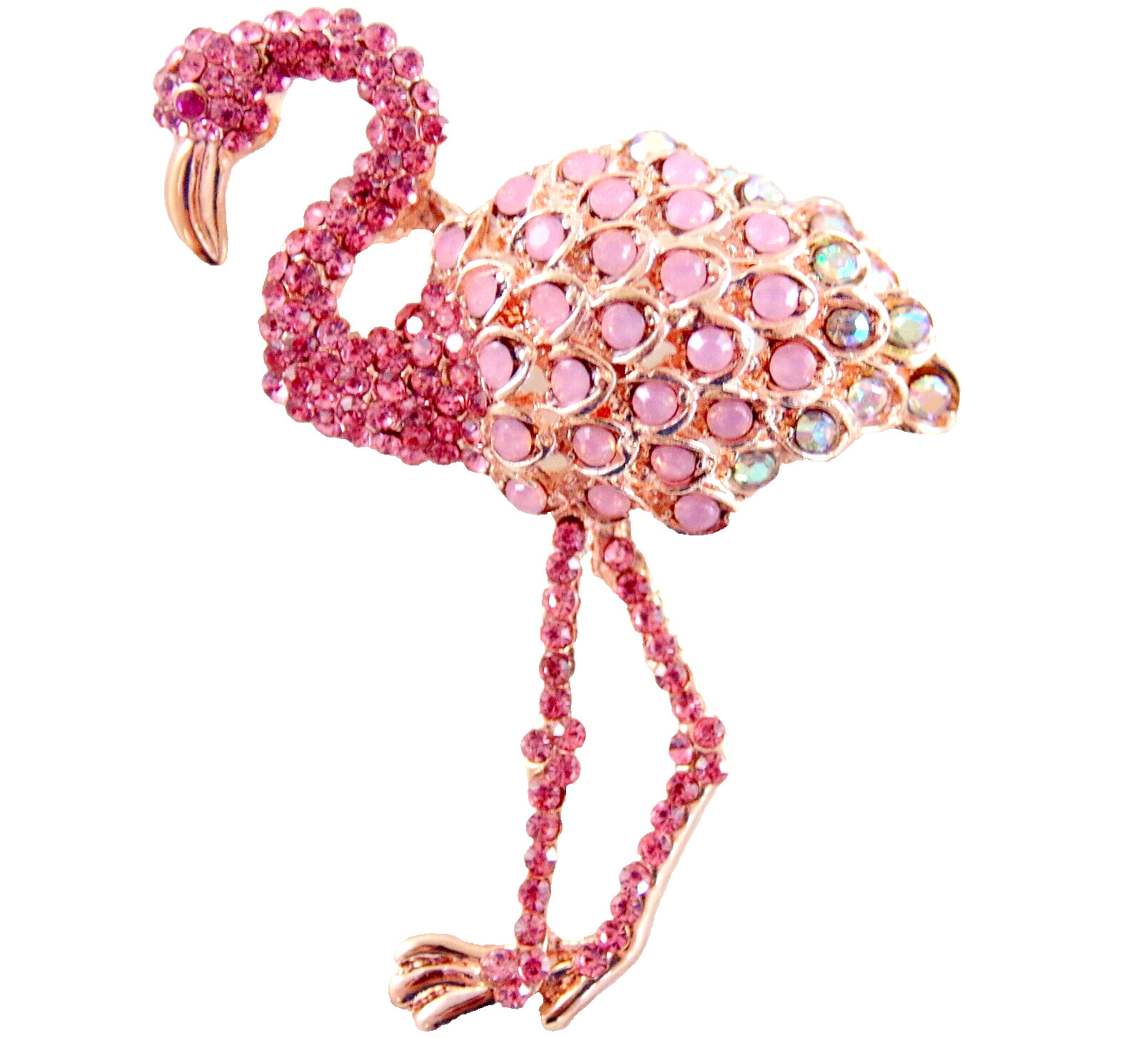 2 1/8″ NWOT PINK & AB RHINESTONE & GOLD TONE PINK FLAMINGO BIRD BROOCH PIN
