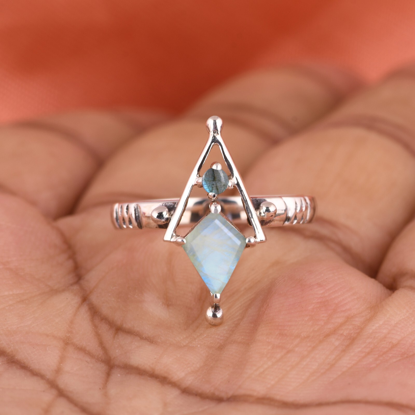 Kite Shape Moonstone and Labradorite Ring Sterling Silver Engagement Band Ring