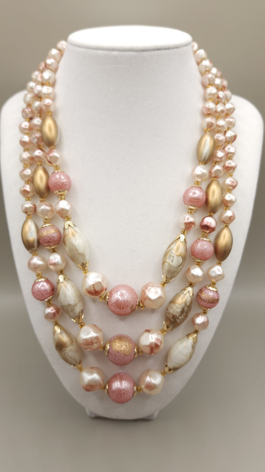 Vintage 1960s Pink Gold Pearl Triple Strand Necklace Hong Kong Mid Century Bib