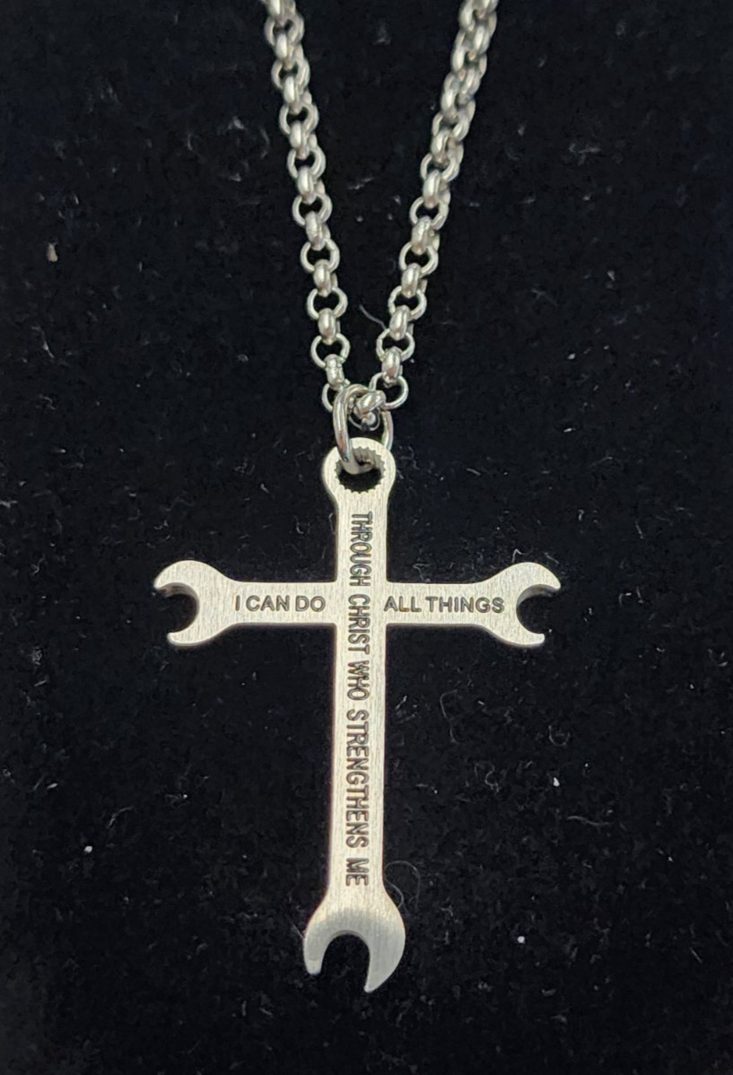 Logos Trading Post I Can Do All Things Wrench Cross Necklace 23.75″