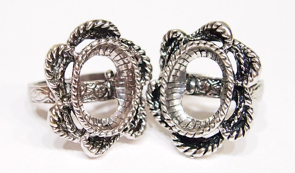 4 -18x13mm Antique Silver Victorian Twisted Rope Floral Adjustable Ring Setting