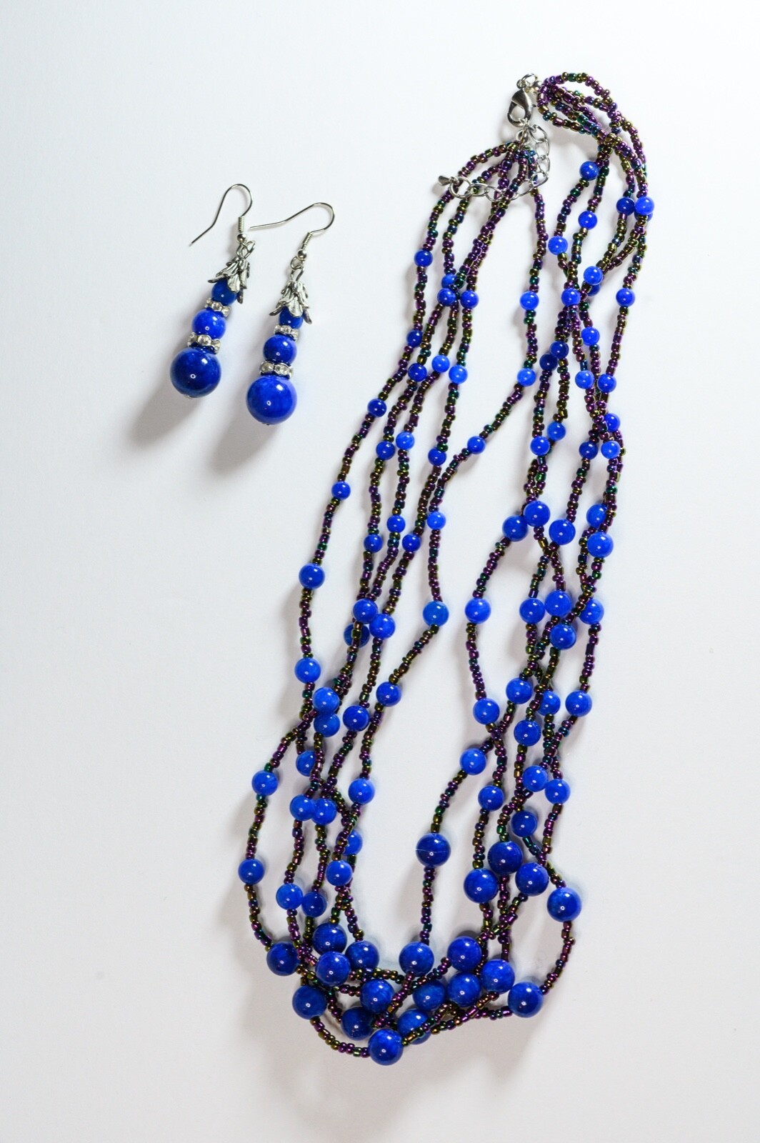 Lapis Lazuli Blue Glass White Austrian Crystal Earrings and Necklace Set TGW 135