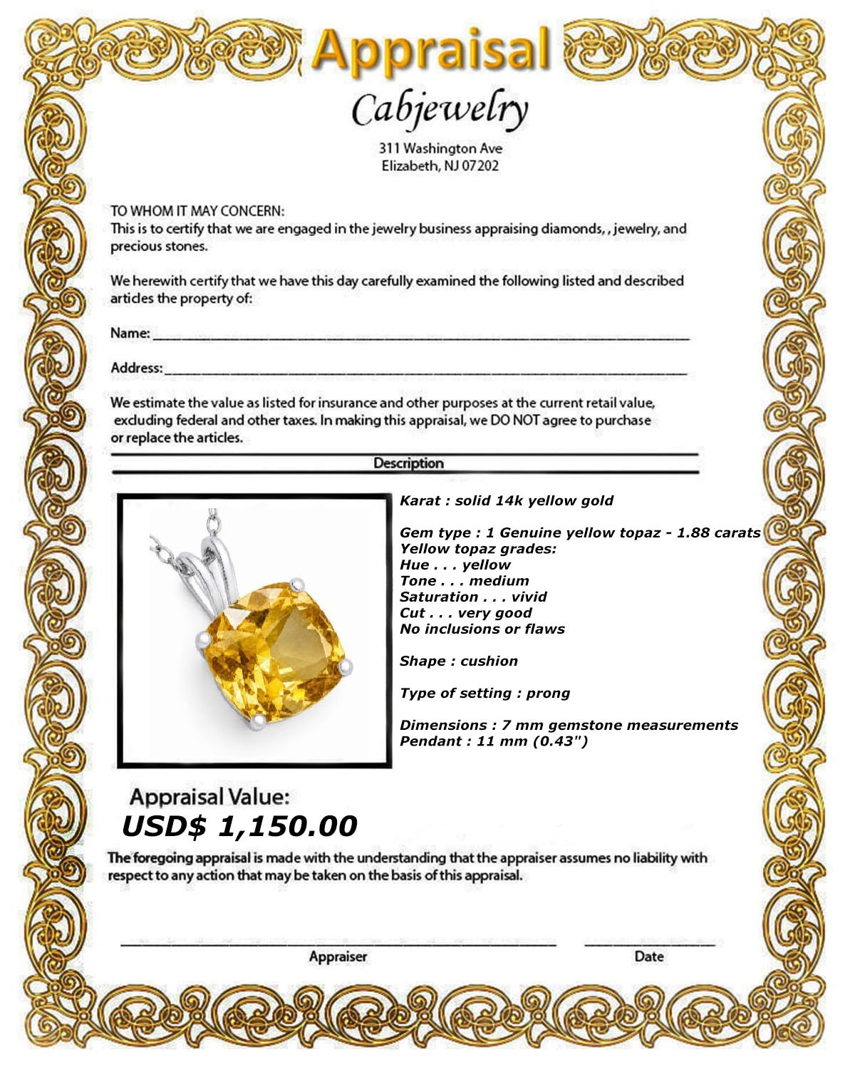 GENUINE 1.88 Cts YELLOW TOPAZ PENDANT SOLID 14k YELLOW GOLD -Free Certificate