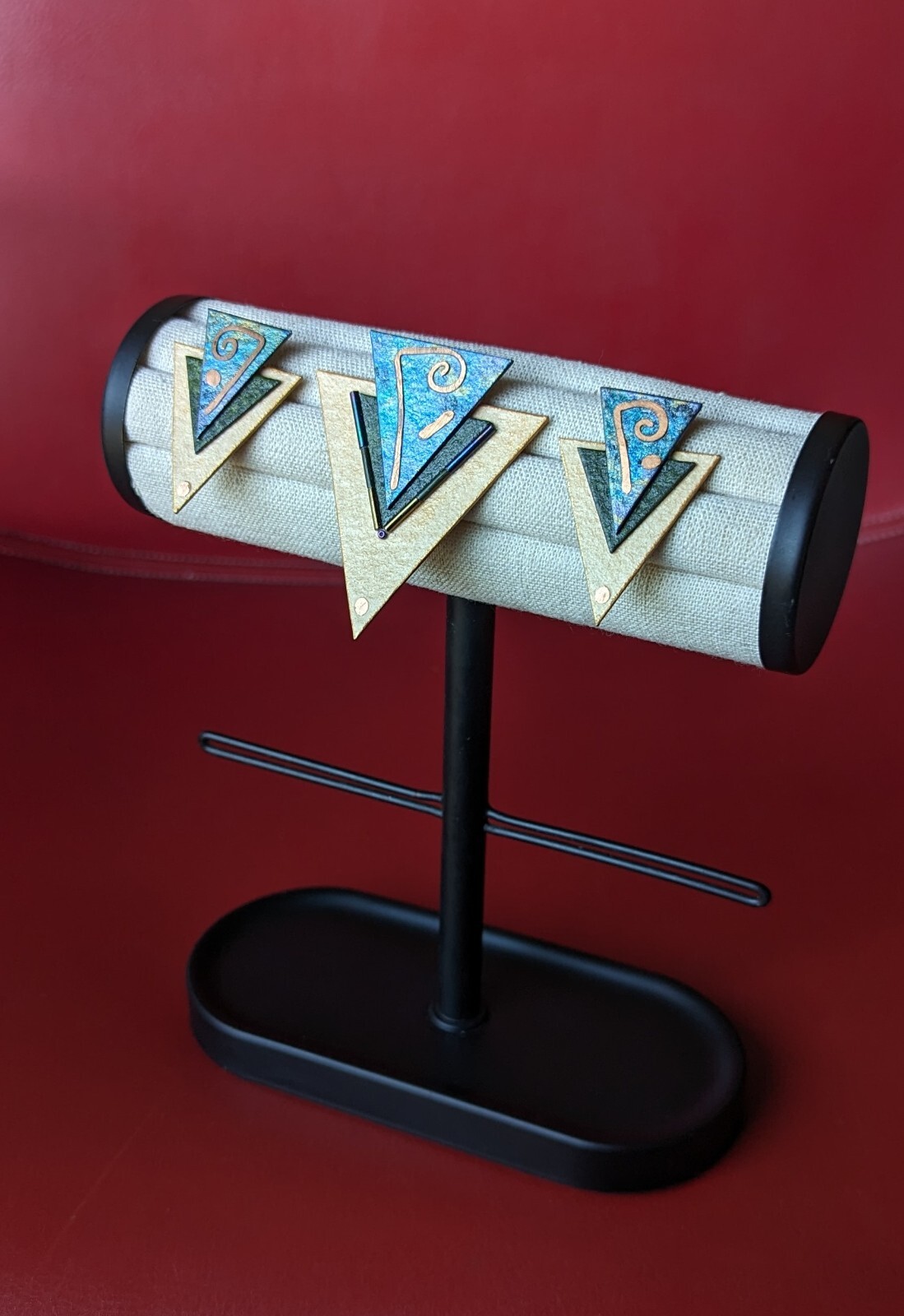 Artisan 3pc SET Gold Blue Green Paper Triangle Brooch & Earrings Modern Abstract