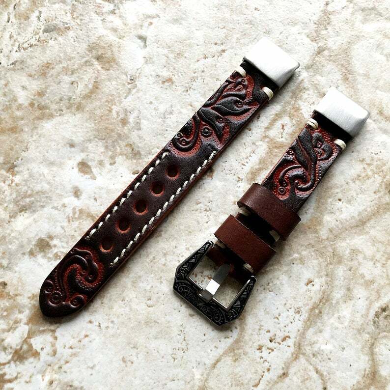 Dark Brown Tooled Leather Band for Garmin Instinct 3 50mm and Instinct 2X -A26