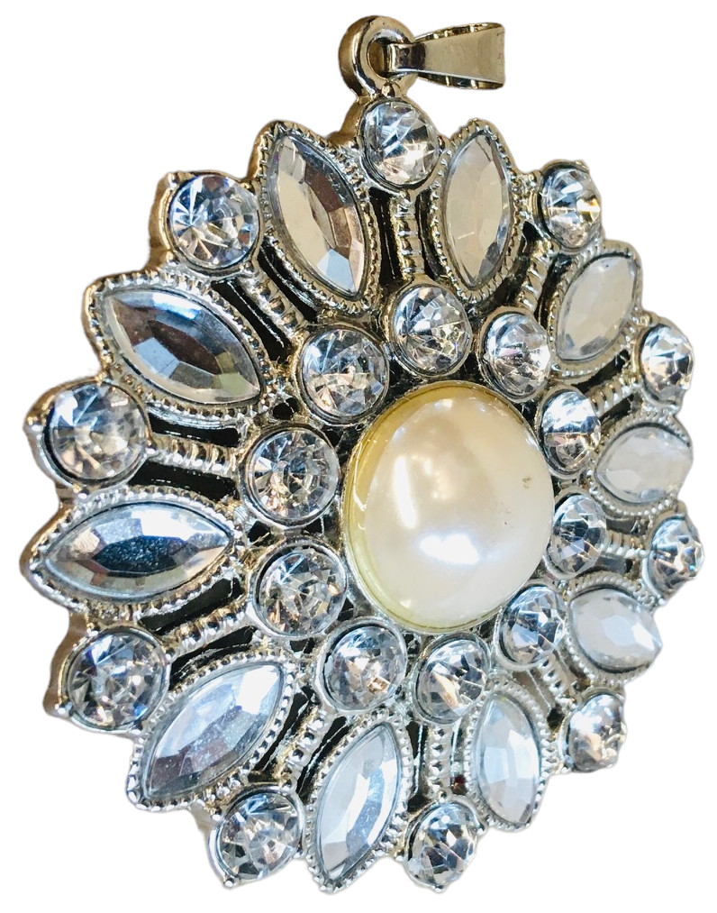 Pendant Rhinestone Crystal Faux Pearl 2” Silver Tone Round Fashion Jewelry