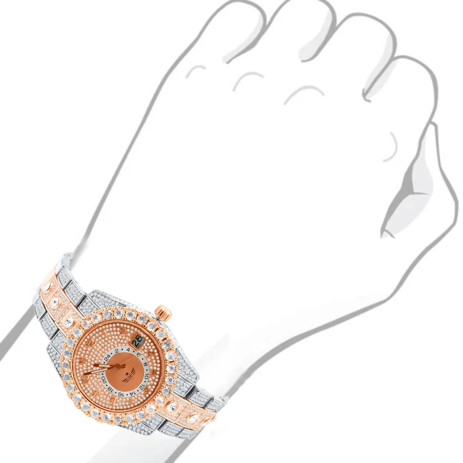 Men’s Two Tone Rose Gold Silver Bling Watch CZ Crystal Bezel Quartz Date 40mm