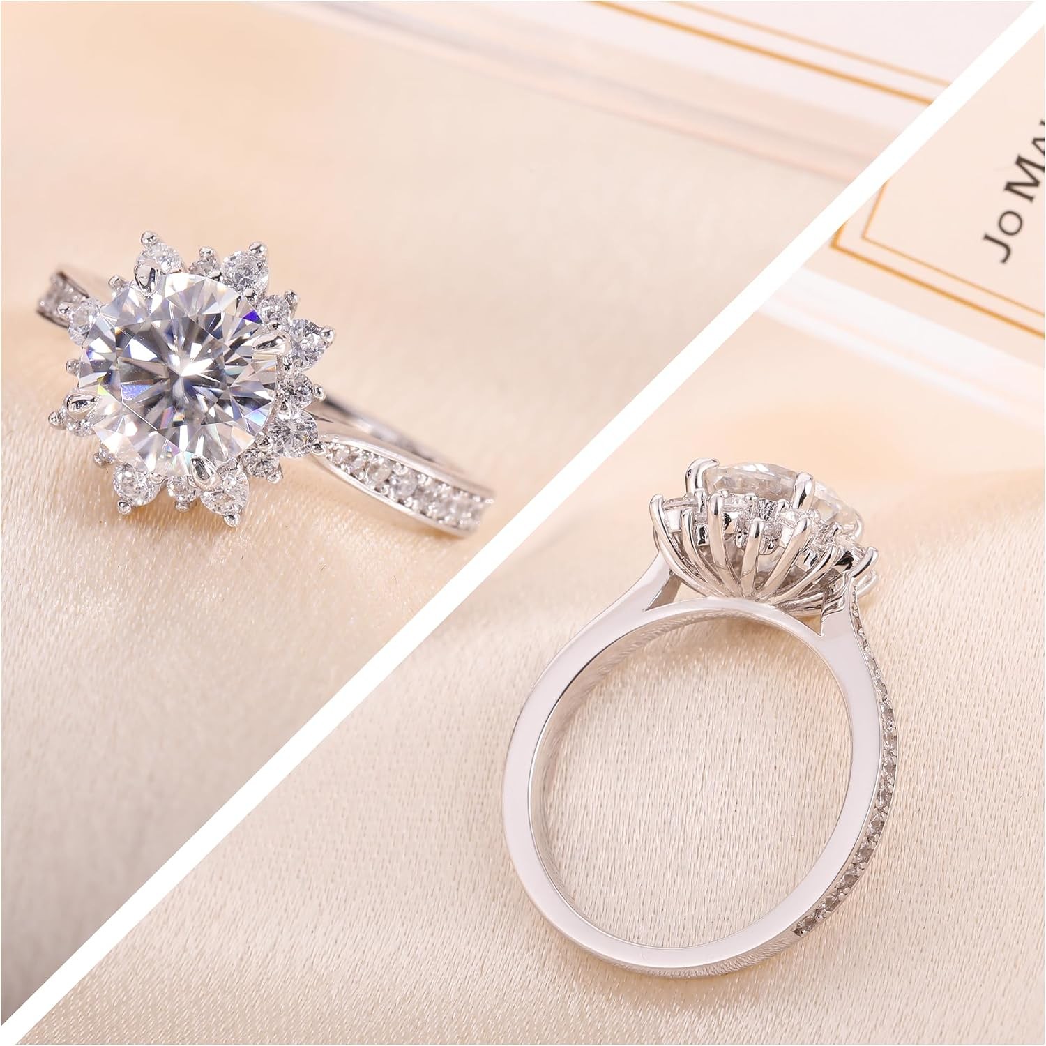 0.5-3CT Flower Halo D VVS1 Moissanite Ring 925 Silver 18K White Gold Plated