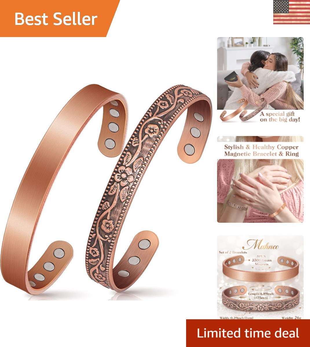 Chic 100% Copper Magnetic Bracelet with 6 x 3500 Gauss Magnets – Gift of Relief