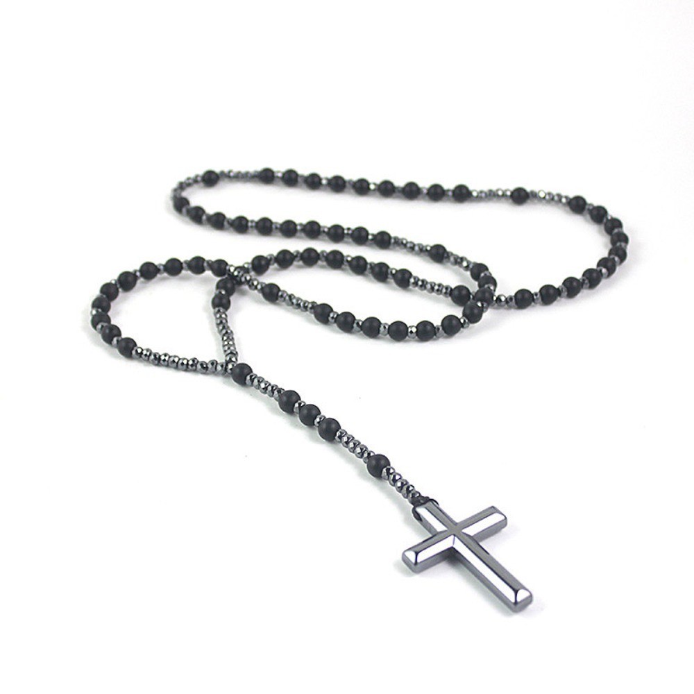 Religious Cross Pendant Black Shining Matte Imitation Agate Gallstone Necklace