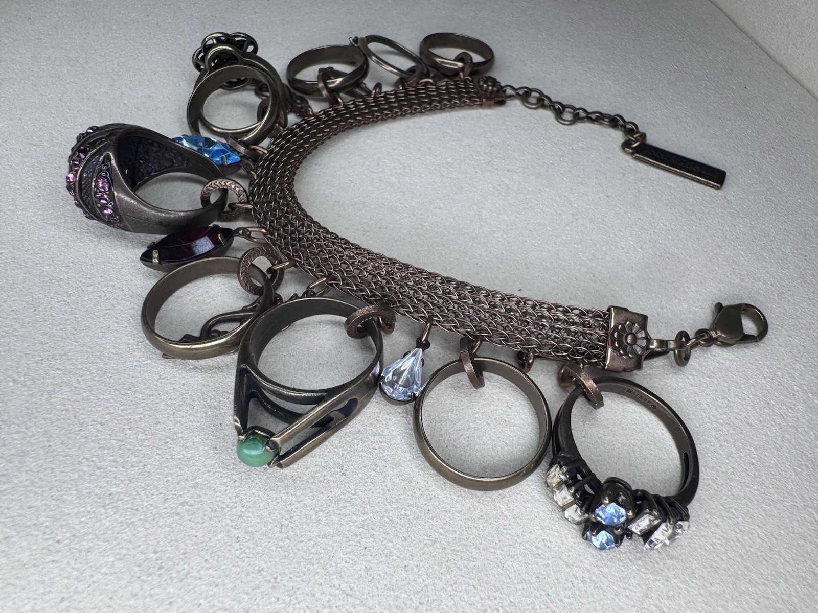 Vintage Ann Michaels Bronze Tone Charm Bracelet Multicolor Crystal Adjustable