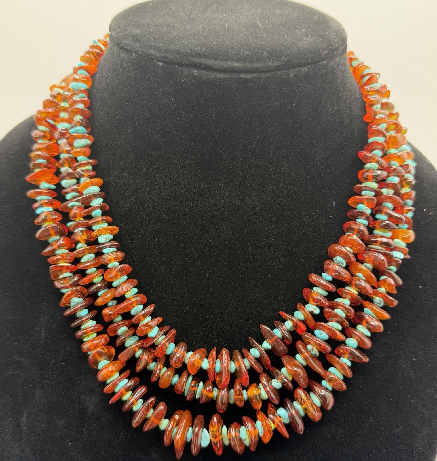 Jay King 3 Strand Amber And Turquoise Beaded Necklace 925 Sterling Silver 17-19”