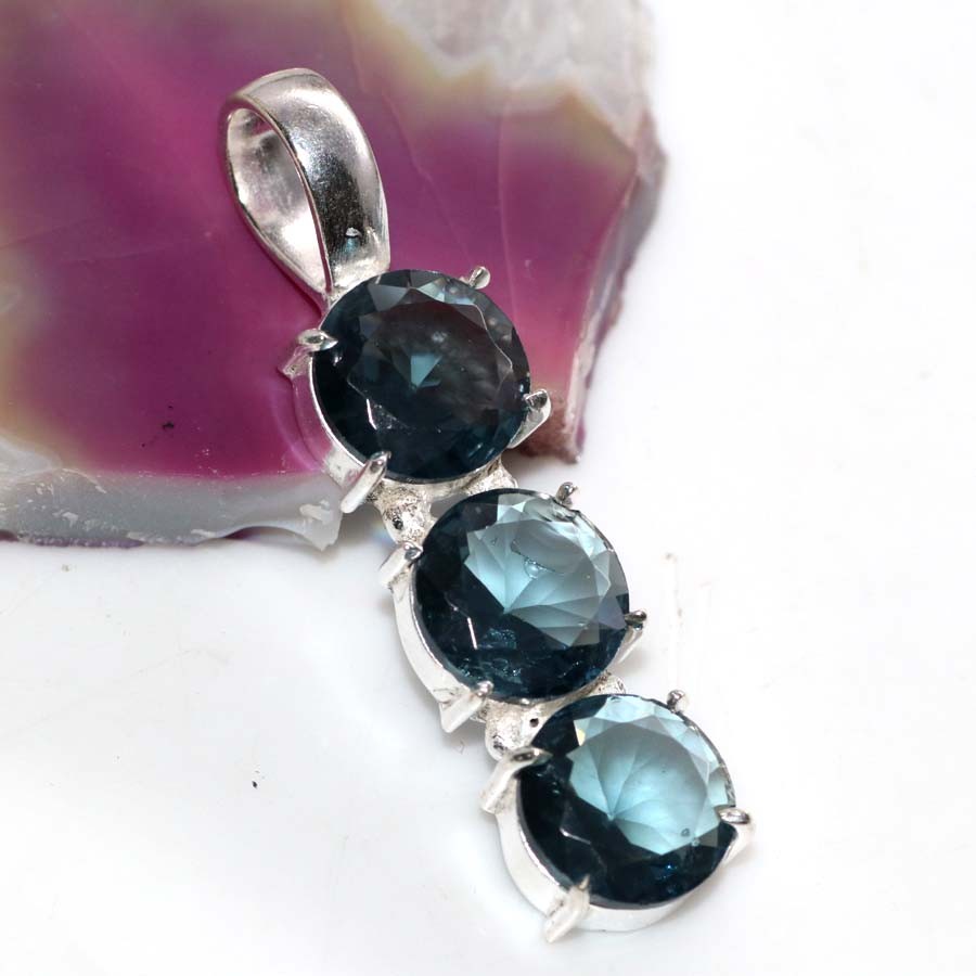 925 Silver Plated Lovely Iolite Topaz Faceted Pendant 1.8″ Most Beautiful MJ