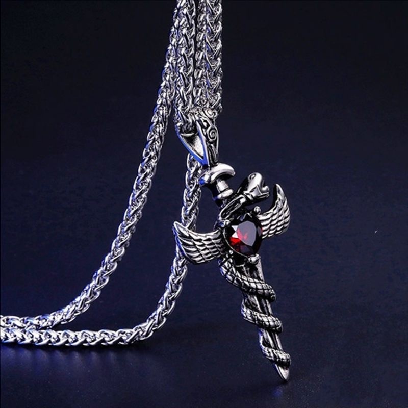 Antique 316 Stainless Sword Snake Wing Wheat Chain Red Unisex Vintage Necklace
