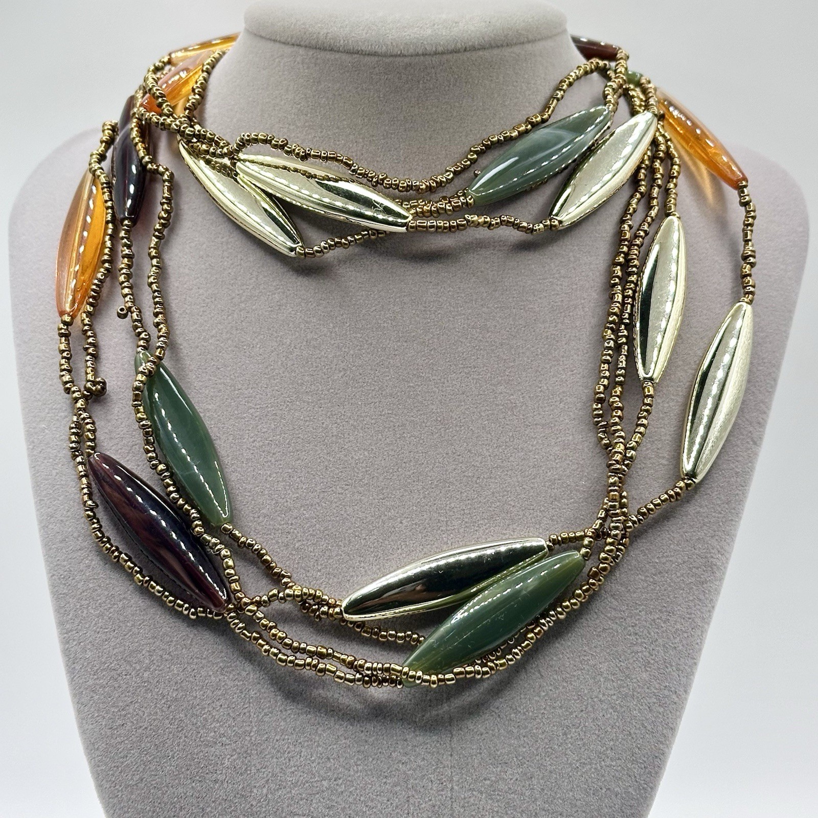 Vintage Multicolor Bead Layered Necklace Lucite Acrylic Gold Tone 31”
