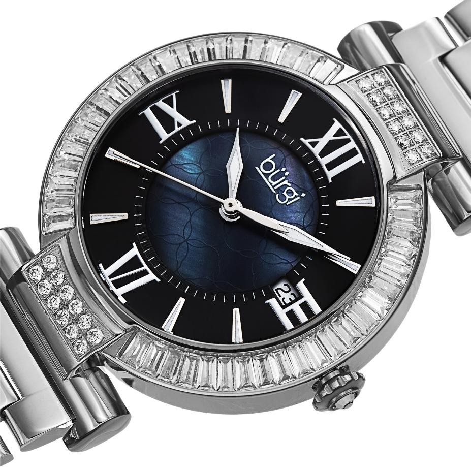 Burgi BUR082SS Analog Display Swiss Quartz Date Baguette Bracelet Womens Watch