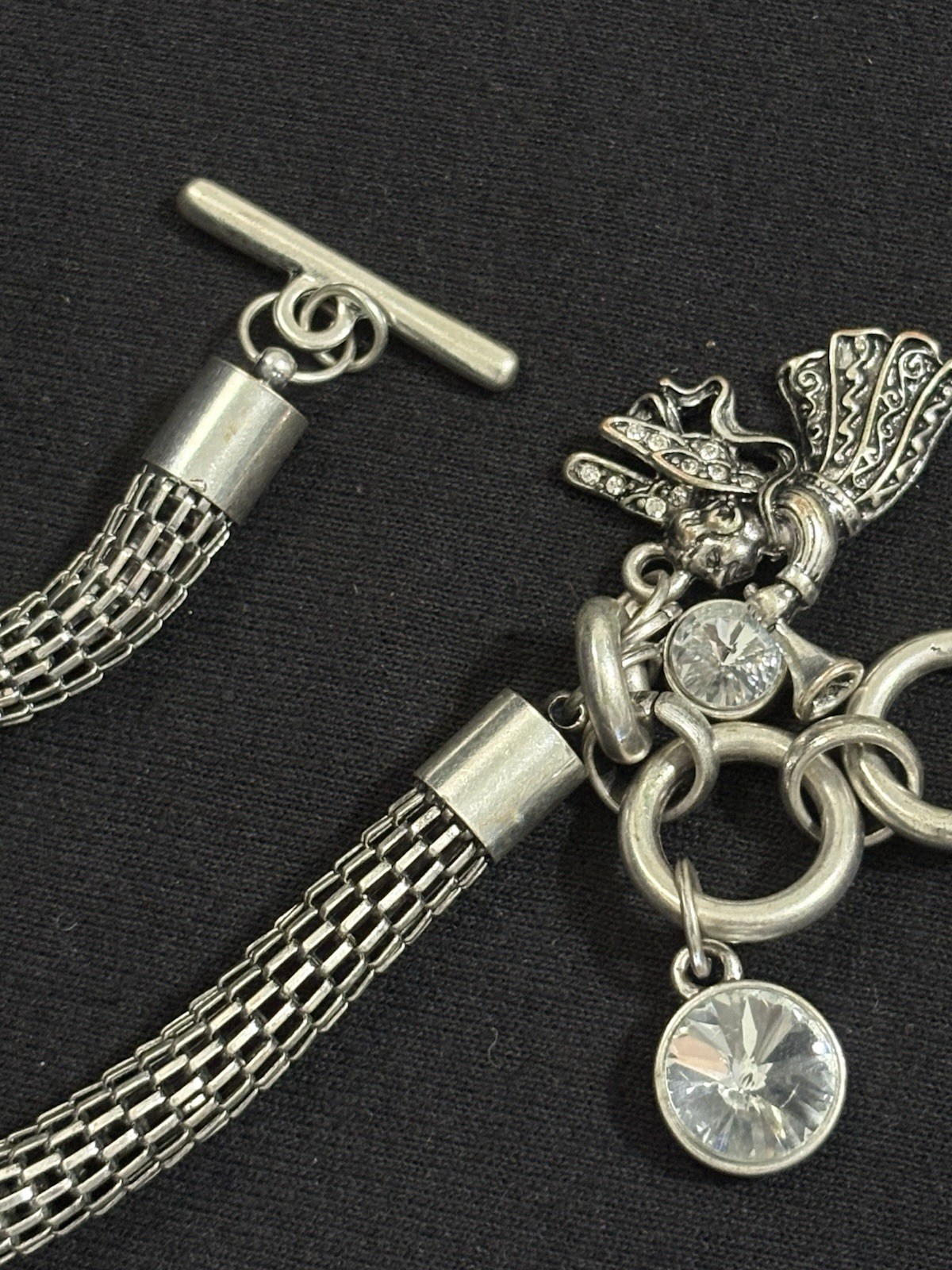 Vintage Silver Tone Fairy Charm Mesh Bracelet Crystal Dangle Toggle Statement 8”