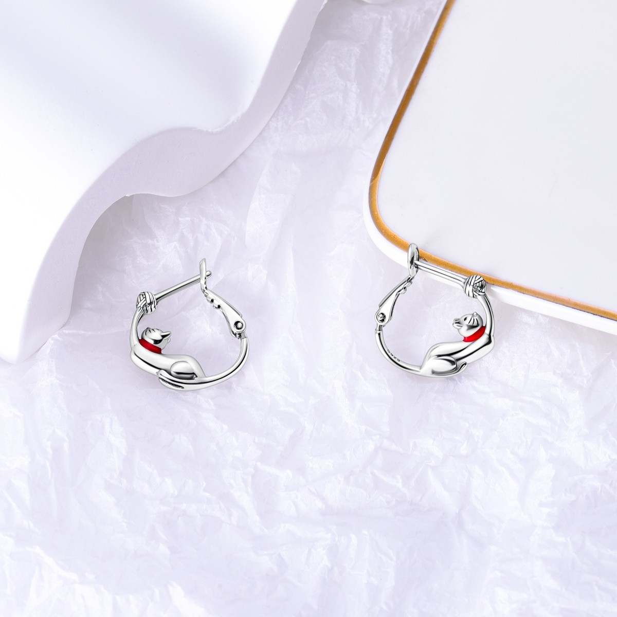 LAZA Original Woolline Ball Cat 925 Sterling Silver Hoop Earrings Women Jewelry