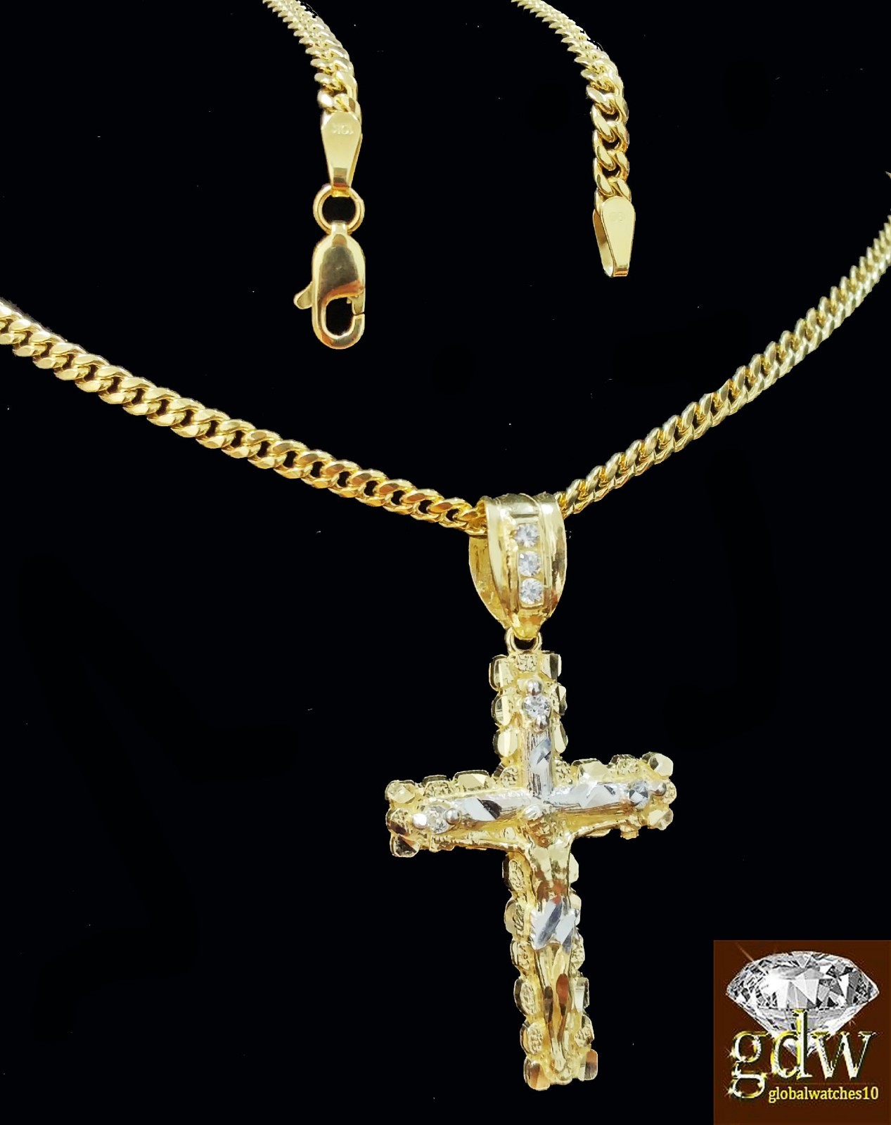 Real 10k Yellow Gold Cross Jesus Charm Pendant Miami Cuban 20″ Necklace