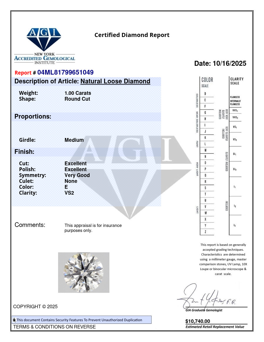 Round Brilliant 1 CT Cert. AGI Natural Mined Diamond Loose E color VS2 clarity