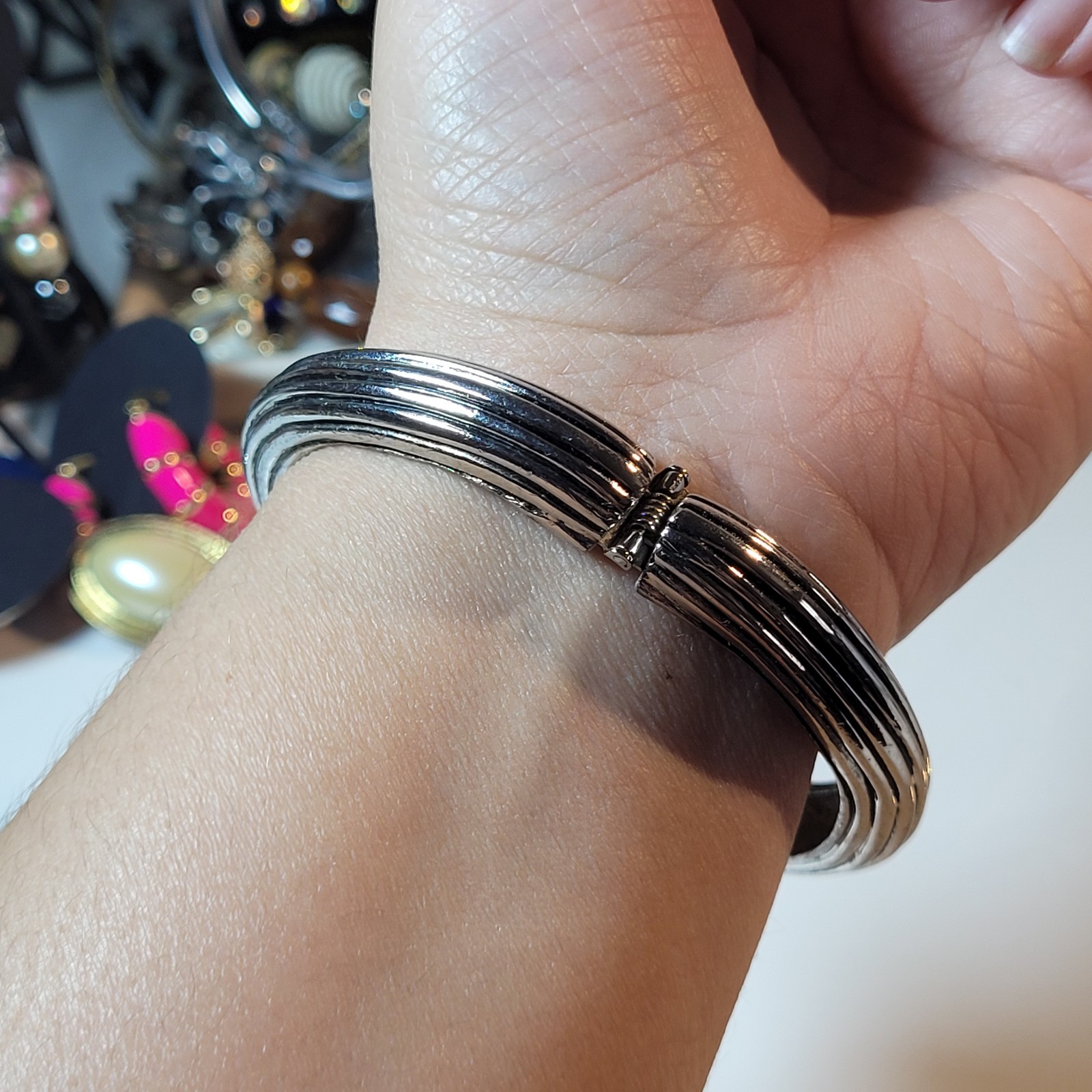 Vintage Heavy Silver And Gold Hinged Bangle Bracelet With Dark Burgundy Stones