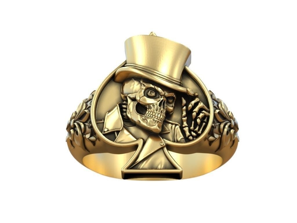 Oxidized Men’s Skull Playing Card Spades Hat 925 Sterling Silver Statement Rings