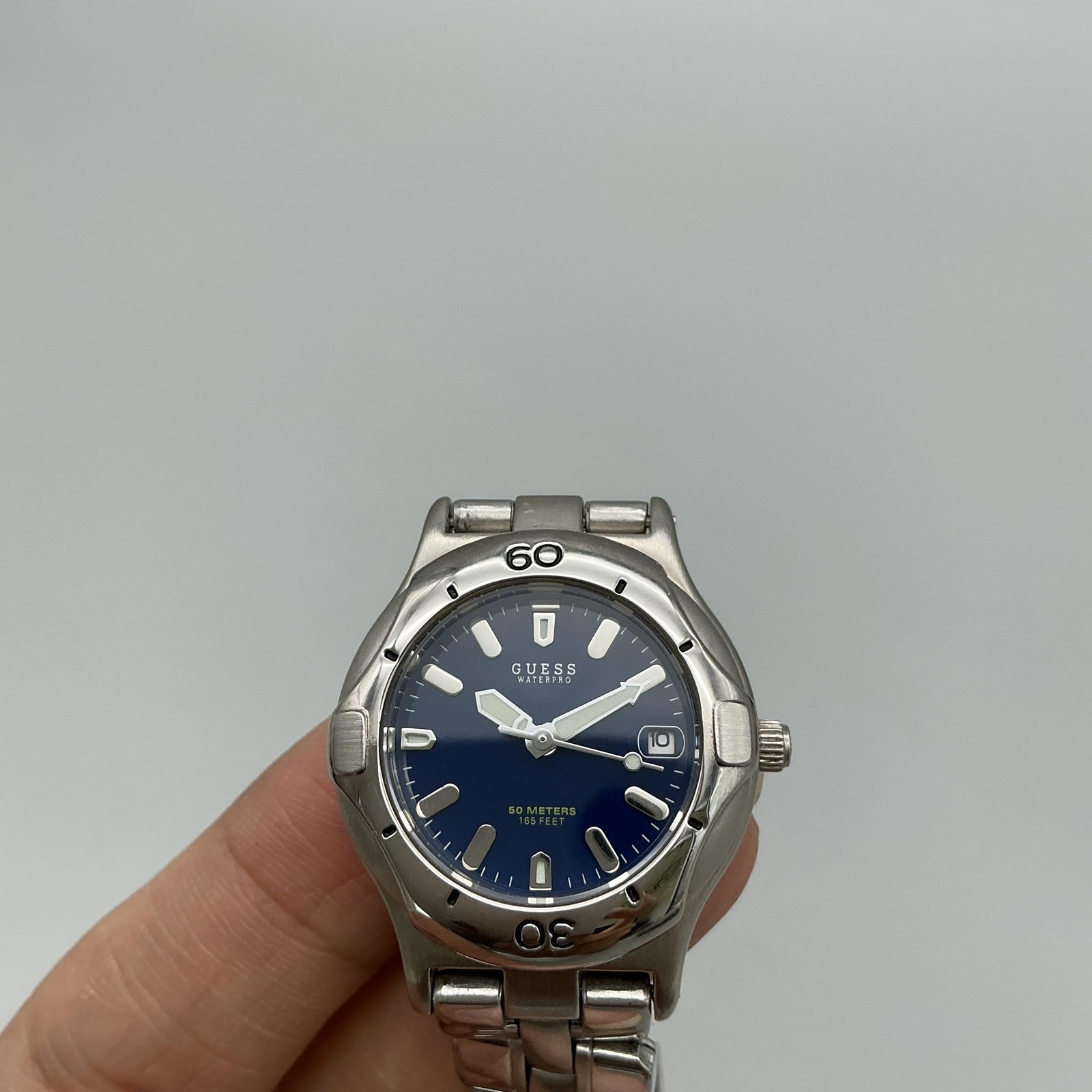 Guess Waterpro Womens Watch 28mm Blue Dial Date Stainless New Battery 6.25″