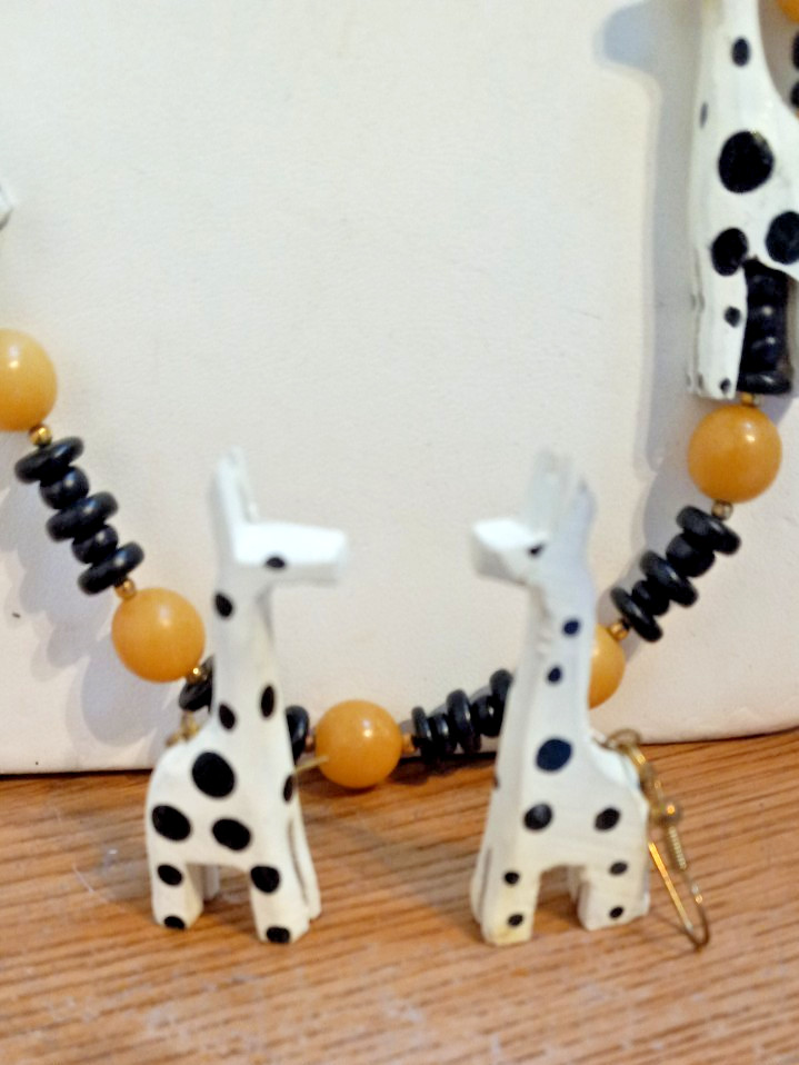Wooden Necklace Black &White Giraffe’s with brown and black beads